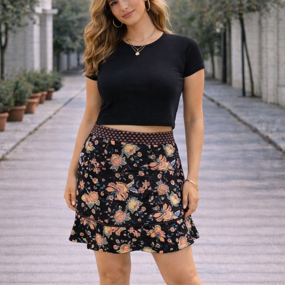 Band of Gypsies Black Floral Mini Skirt Festivsl Spring Fairy Cottagecore